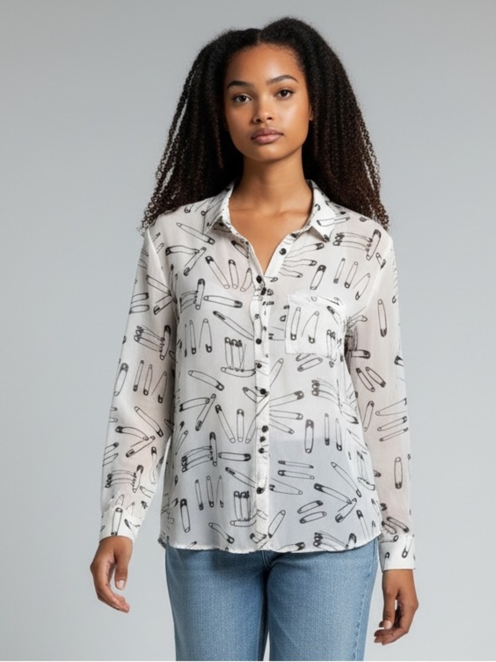 Women’s White Button-Up Shirt with Safety Pin Print